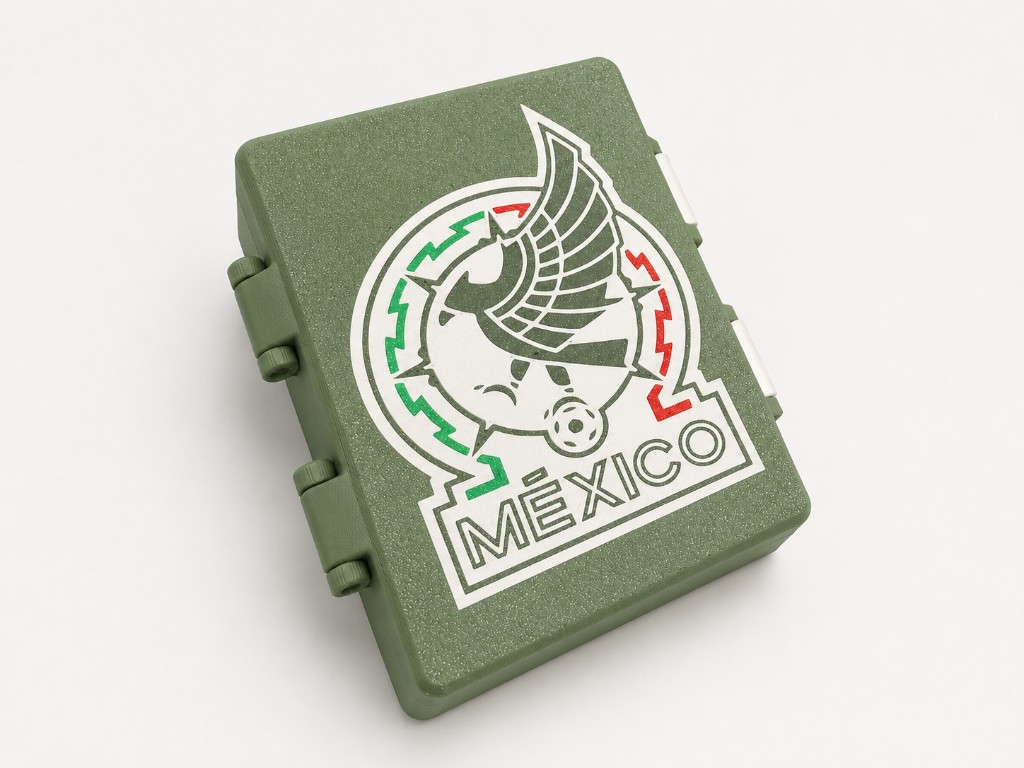 Cajita verde oliva con diseño de la selección mexicana